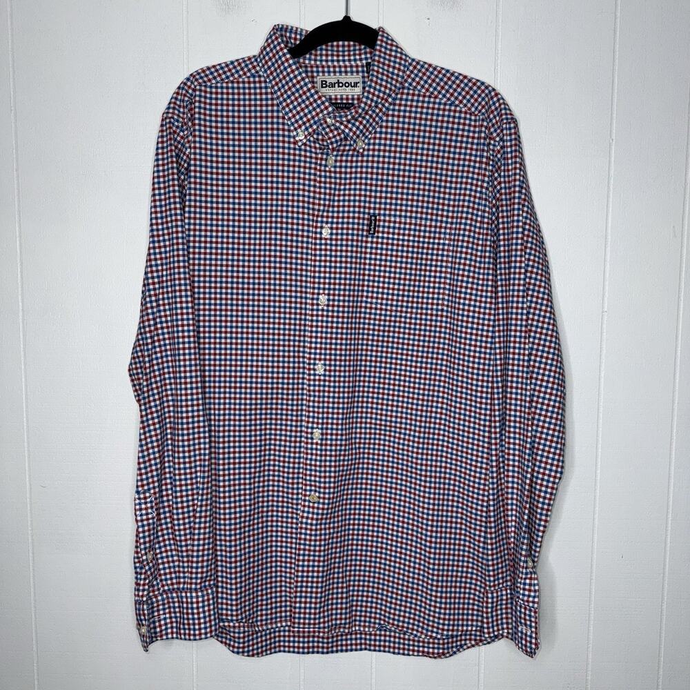 Barbour Men’s Tailored Fit Shirt Red Blue White Gingham Long Sleeve Size Large